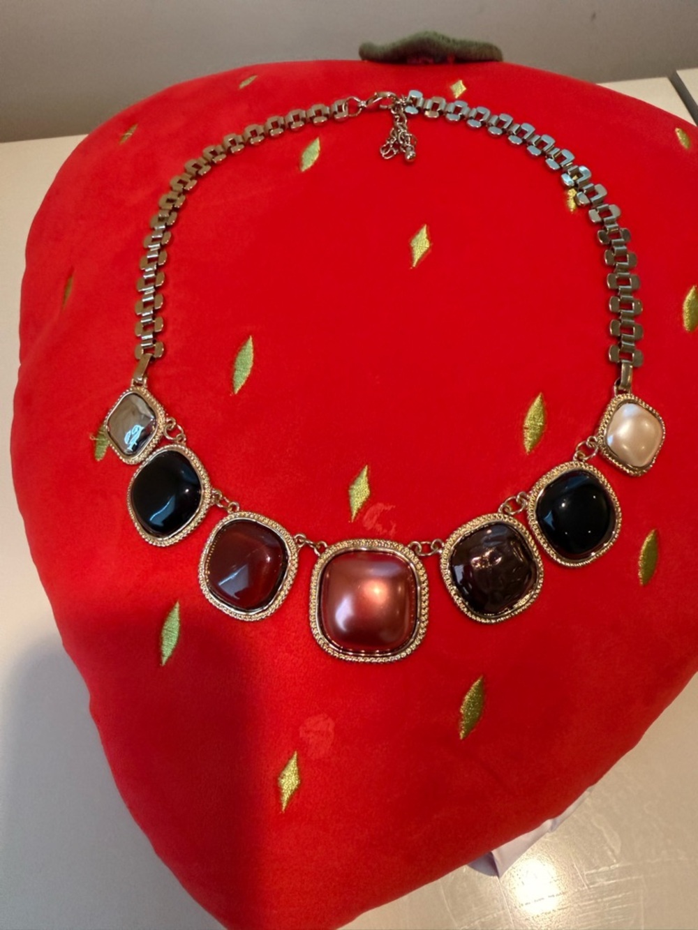 Multi-Stone Gold-Tone Statement Necklace - Pink Center